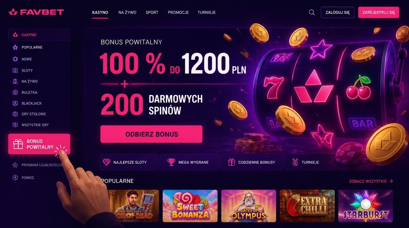 Ekran kasyna z ofertą bonusu powitalnego „100 % do 1200 PLN + 200 darmowych spinów”