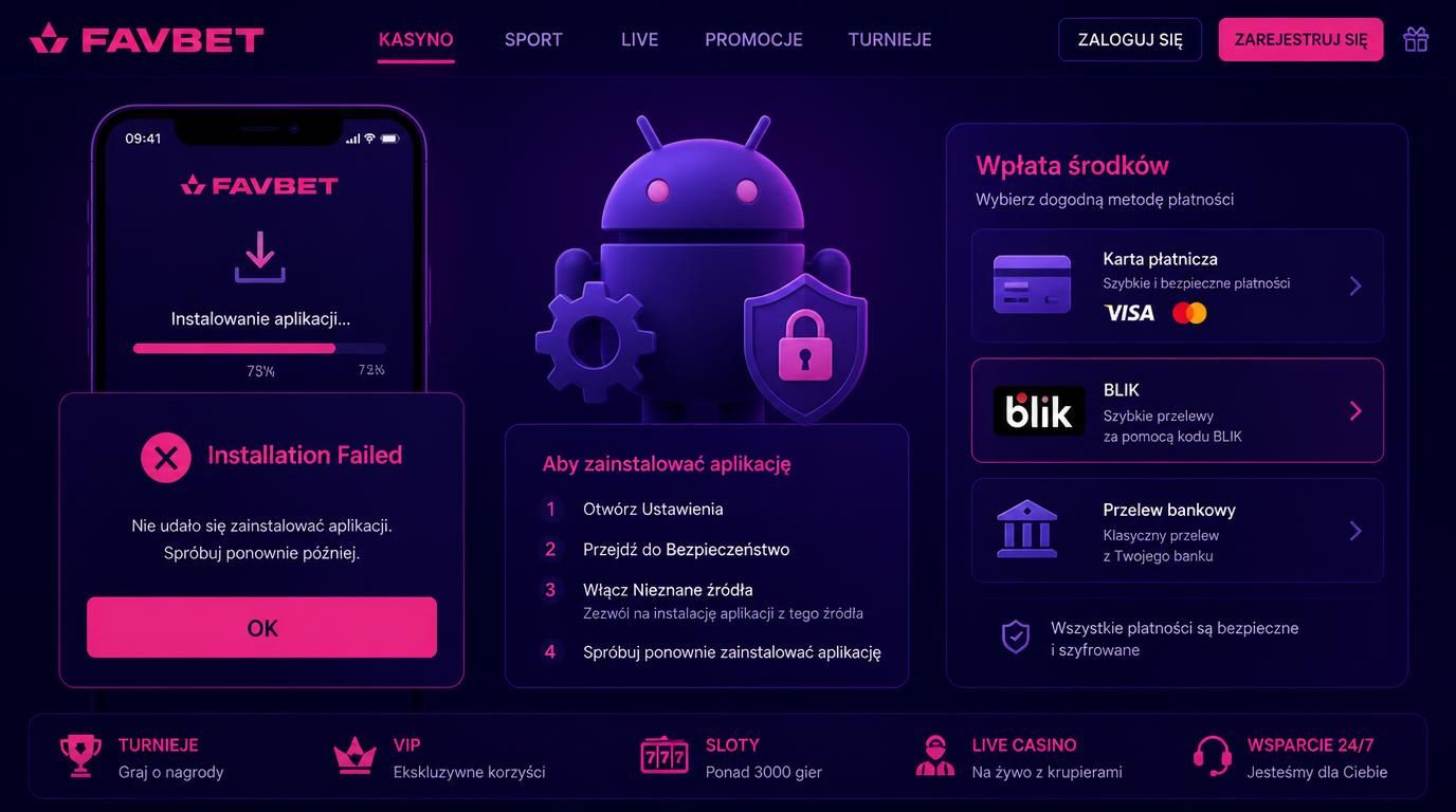Ekran z błędem instalacji APK i elementy bezpieczeństwa oraz metod płatności.