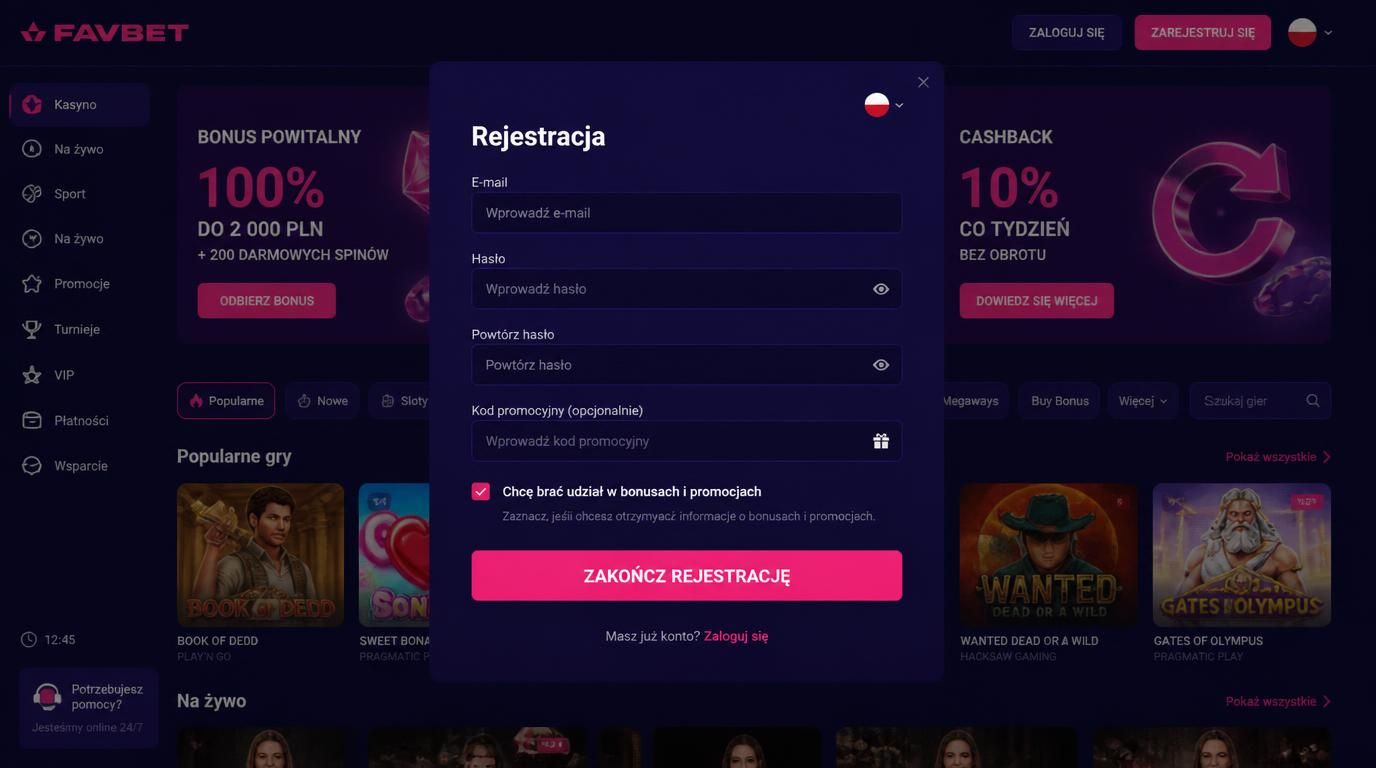Pole promo code w formularzu rejestracji favbet