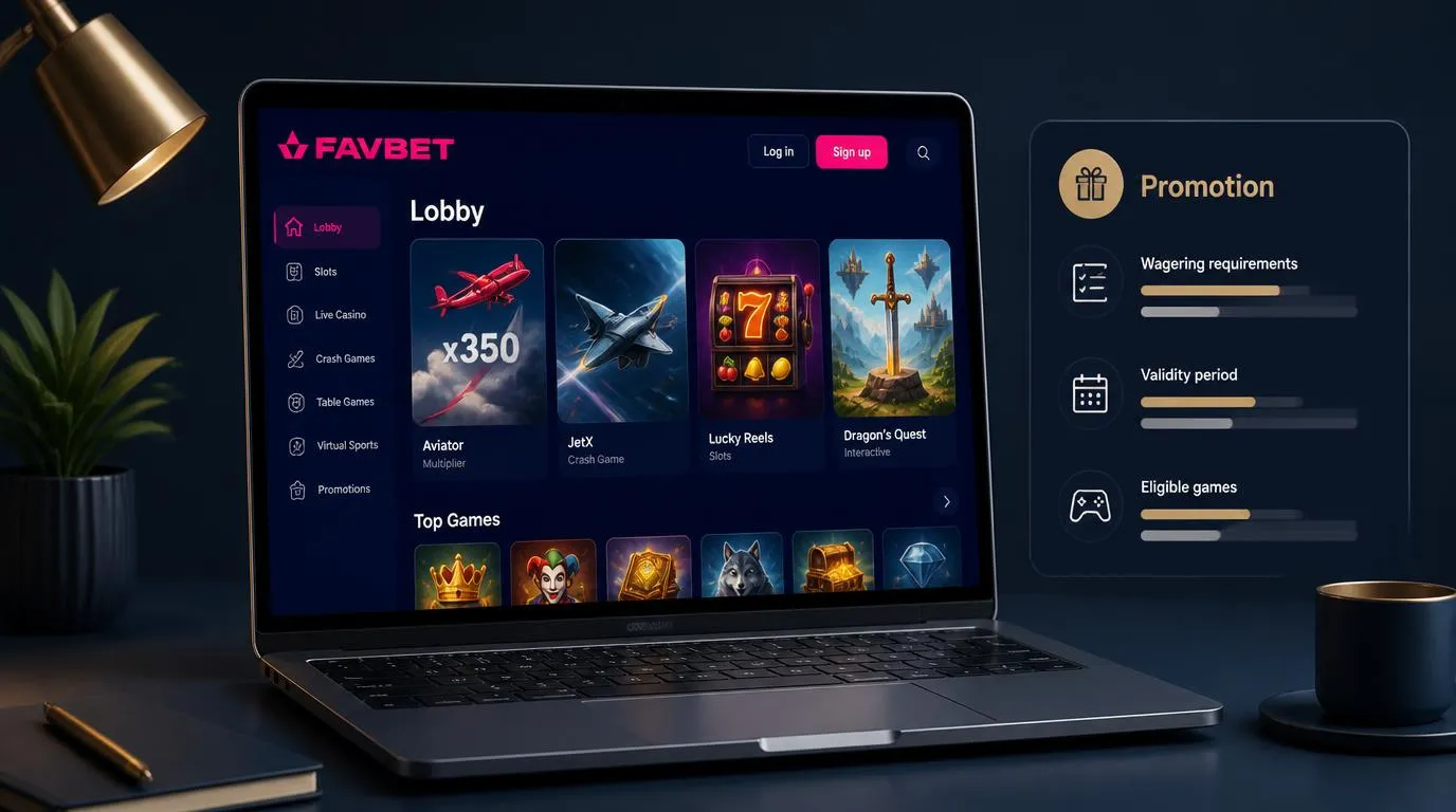 Laptop z katalogiem gier kasynowych i czytelnym panelem warunków promocji
