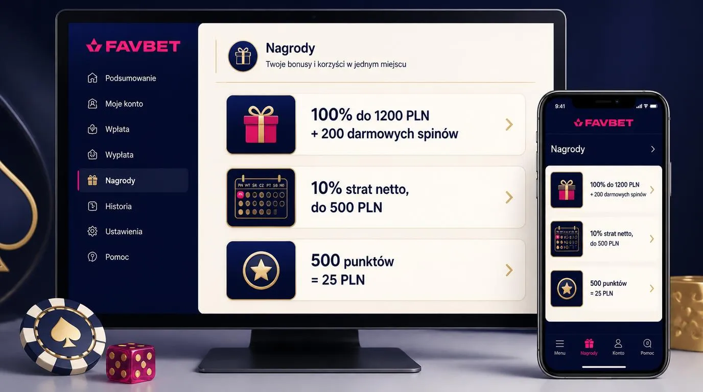 Panel nagród kasynowych z bonusem powitalnym, poniedziałkowym cashbackiem i punktami lojalnościowymi